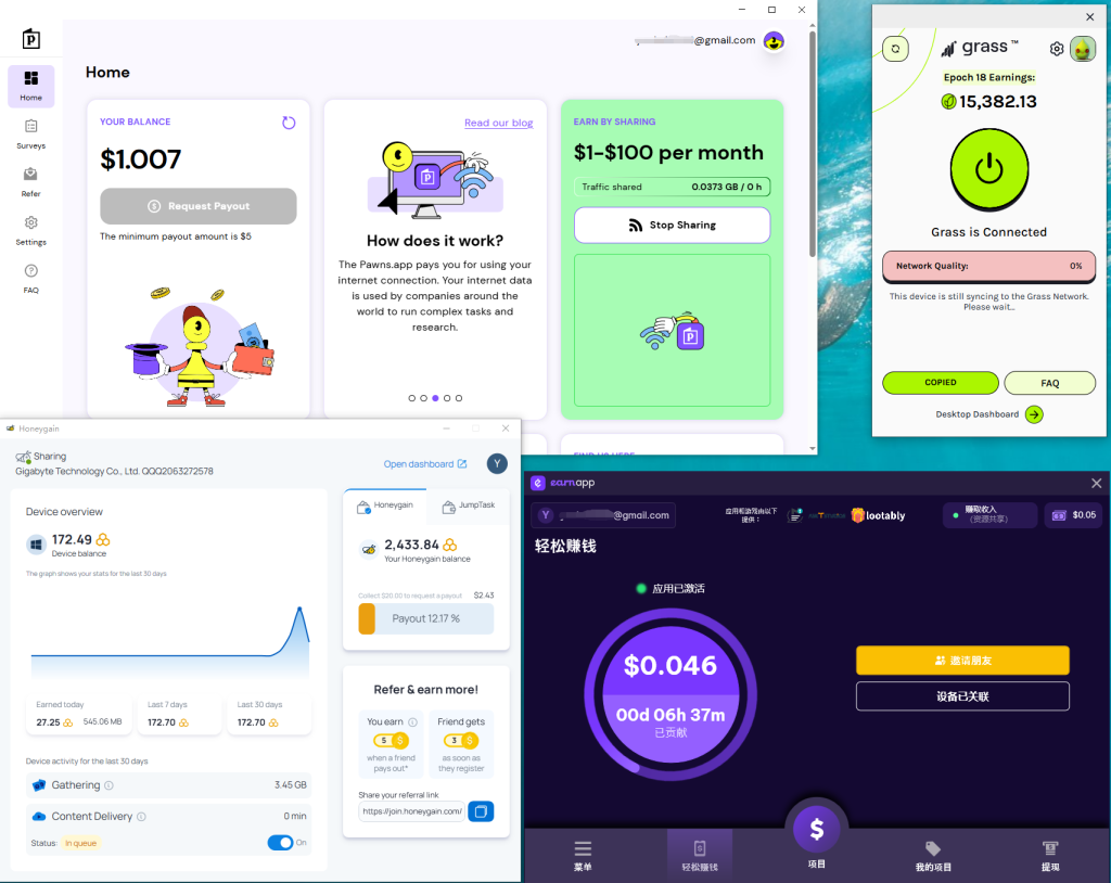 Running Grass, Honeygain, EarnApp and Pawns.app simultaneously for passive income