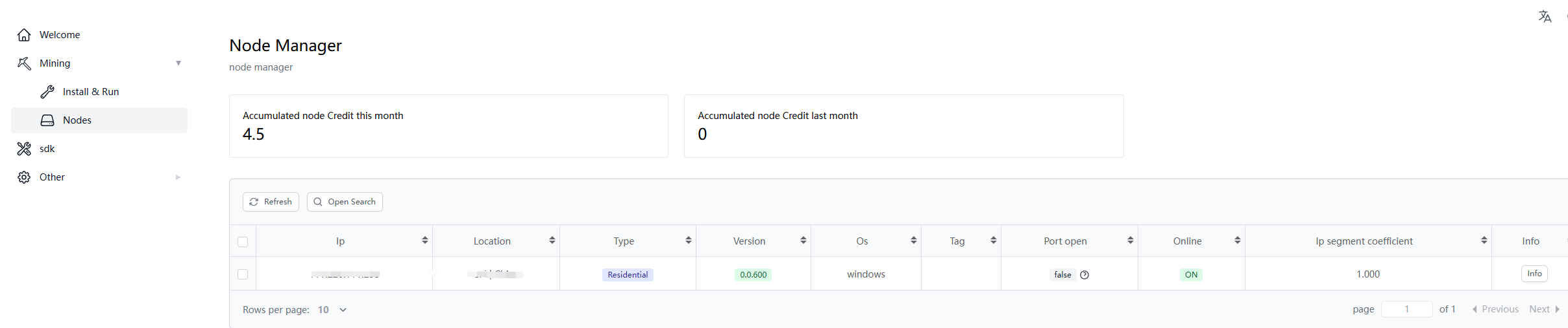 GaGaNode mining node manager page showing node credit, location, and system status