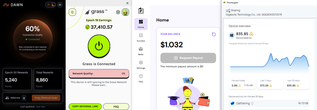 Active DePIN and passive income dashboards on a desktop screen running DAWN network validation Grass network bandwidth sharing Pawns app and Honeygain nodes together in 2026